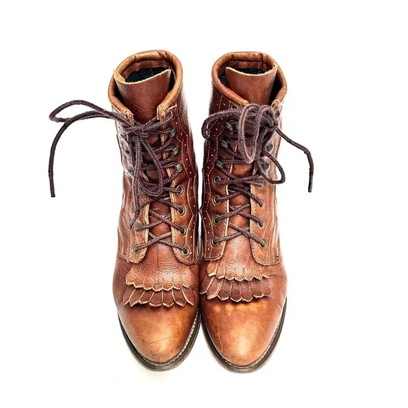 Vintage 1980s brown leather brogue lace up kiltie roper granny boots - Picture 3 of 9